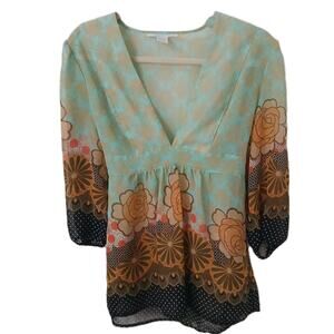 Charlotte Russe Boho‎ Floral Tunic Top L Sheer Peasant Blouse V-Neck 3/4 Sleeve